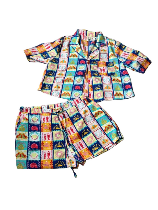 Cynthia Rowley Other - Cynthia Rowley Printed Pajama Set SIZE L Colorful Button Down Top & Shorts